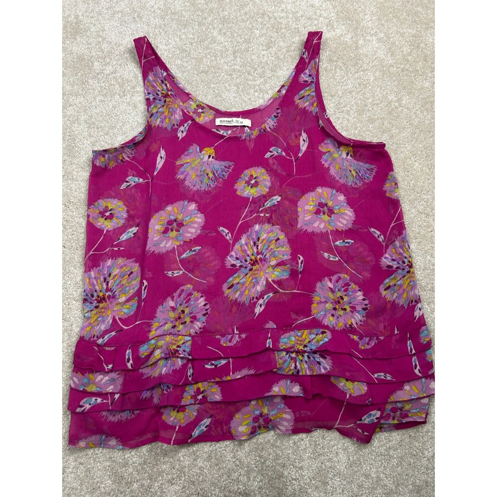 Old Navy Floral Tiered Tank M Magenta Pink Ruffle Chiffon Boho Romantic Summer